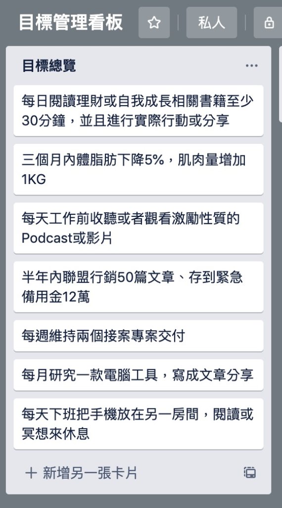 建立好所有的目標總覽卡片