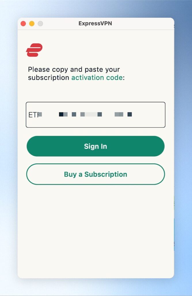 初始畫面如下圖，點擊「Sign In」登入ExpressVPN