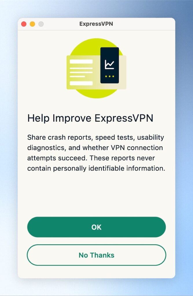 是否要將使用資料給ExpressVPN官方作為優化VPN使用