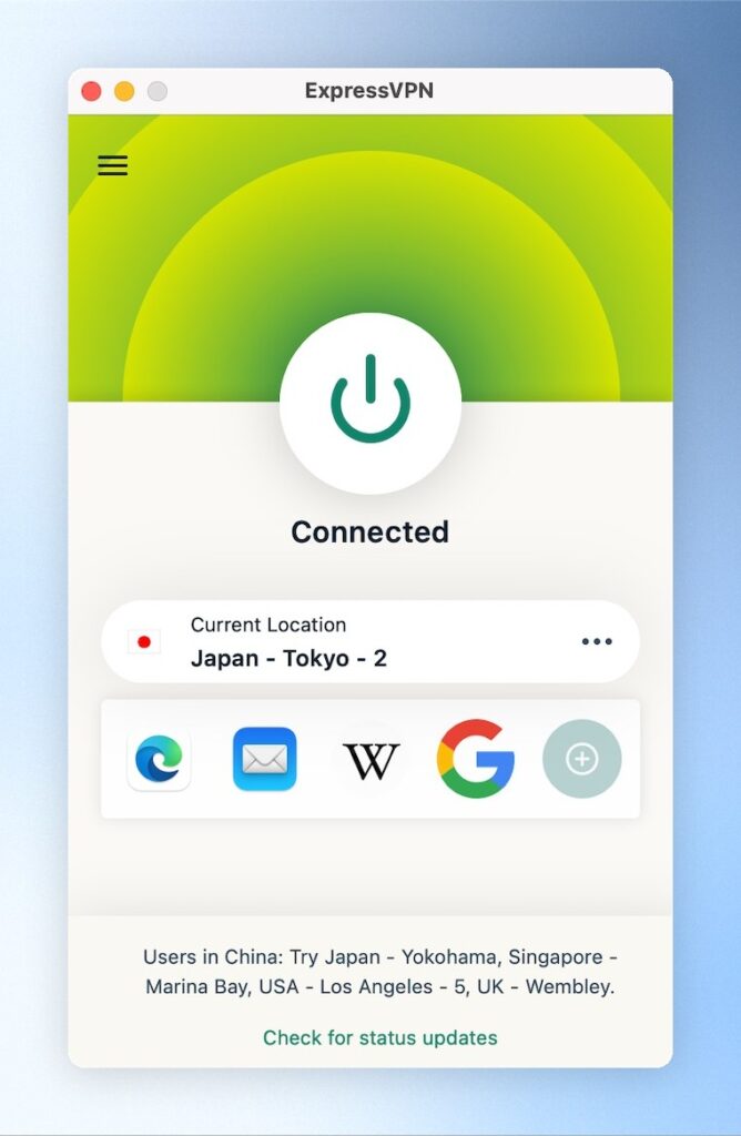 連接完成後會顯示Connected，並會顯示綠色，此時即可連線看看需要翻牆的網站，測試是否成功翻牆了