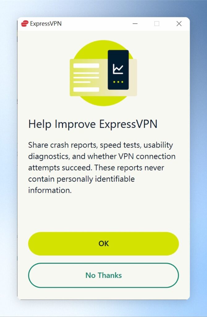 這邊詢問是否要將使用資料給ExpressVPN官方作為優化VPN使用，這邊可點擊「OK」