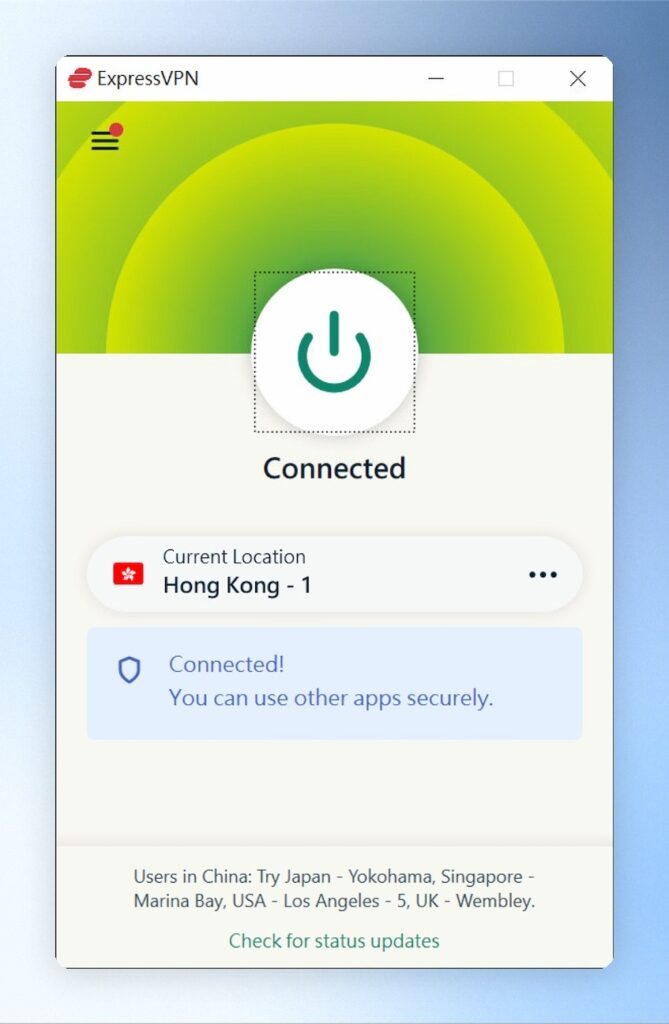 連接上了之後會顯示Connected，並會顯示綠色，此時即可連線看看需要翻牆的網站，測試是否成功翻牆了！