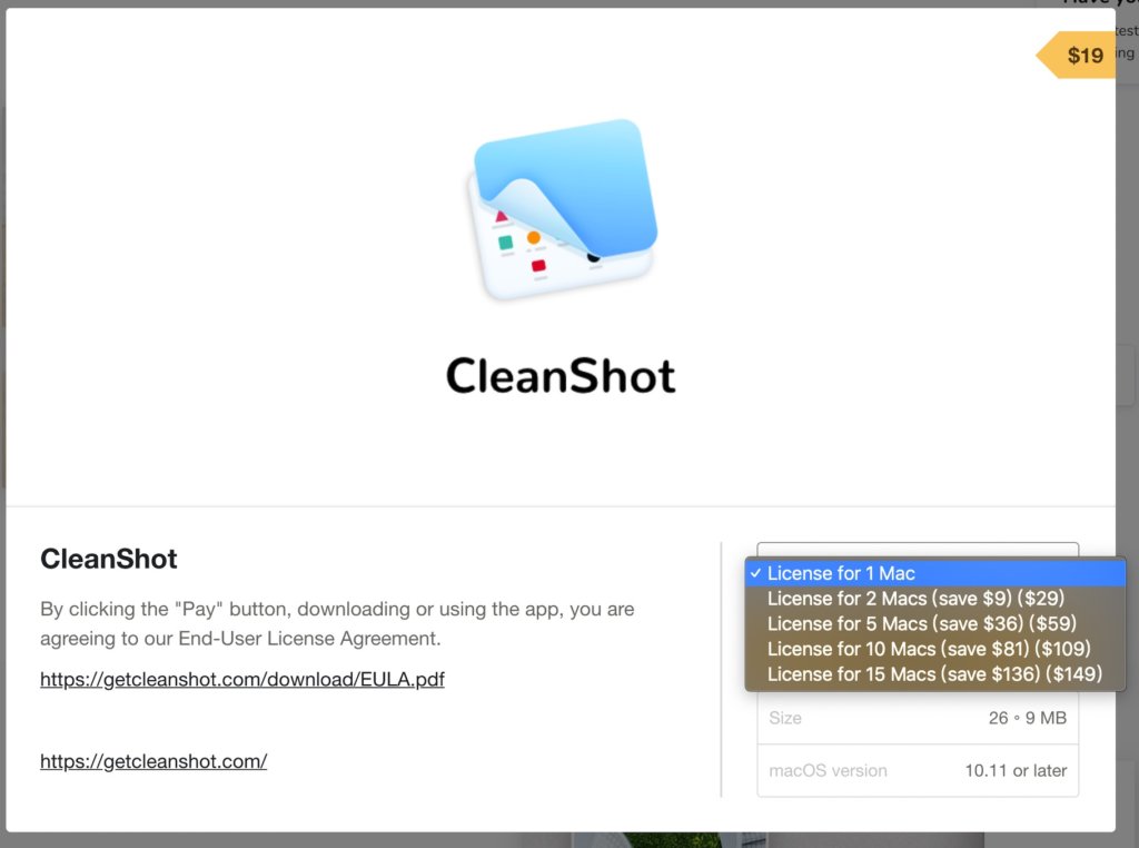 單一買斷CleanShot授權的畫面