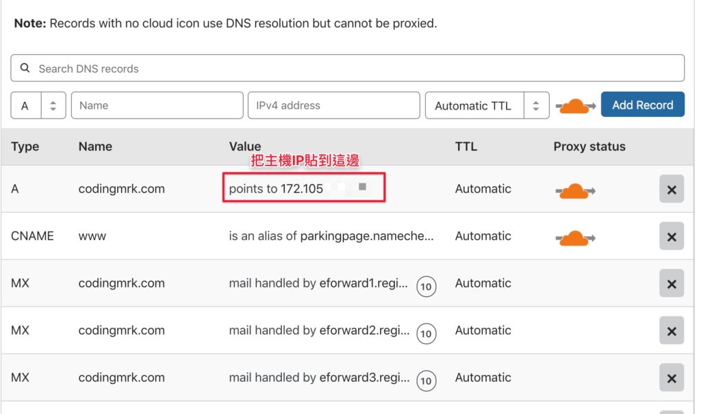 將主機IP貼到剛剛Cloudflare網頁下方，「Type」為「A」的這筆設定中