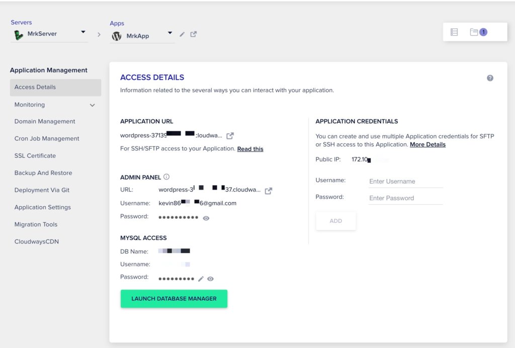 進入Cloudways Application控制畫面