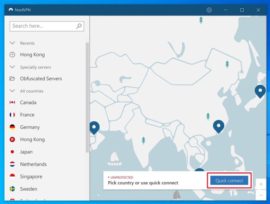 點擊「Quick connect」連線，即可自動連線至適合的 VPN 地區