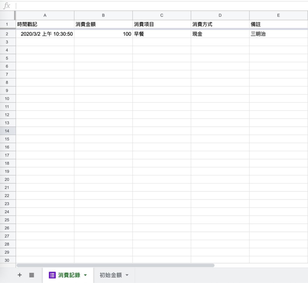 Google表單記帳術-建立消費記錄餘額區塊-切換到「消費記錄」表格