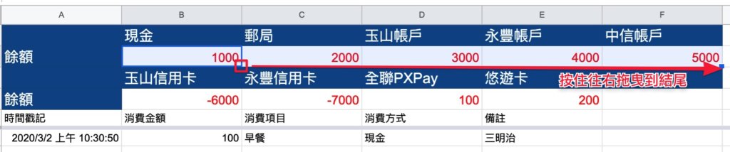 Google表單記帳術-建立消費記錄餘額區塊-向右拖曳複製公式