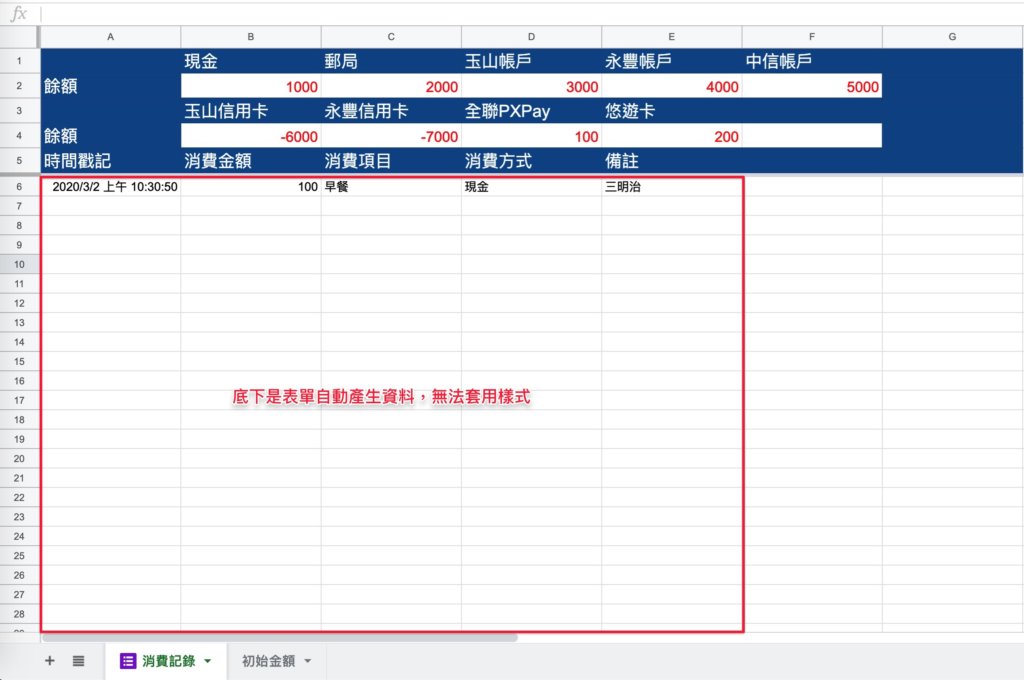 Google表單記帳術-建立消費記錄餘額區塊-底下套用樣式是無效的
