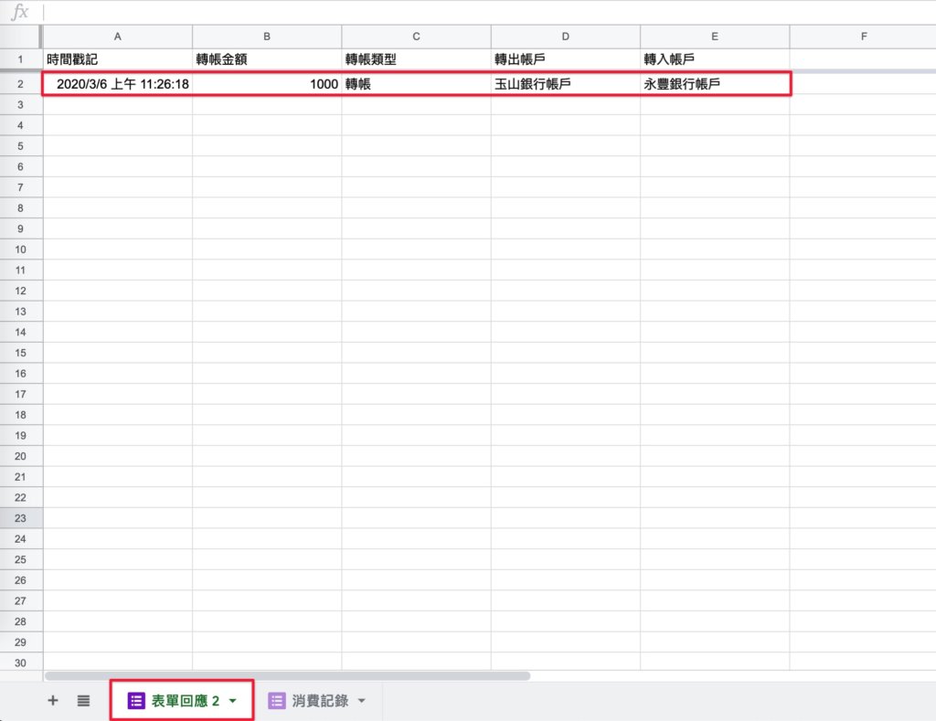 Google表單記帳術-測試轉帳記錄表單-成功顯示轉帳資料