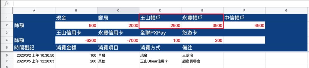 Google表單記帳術-測試轉帳記錄表單-未來應該要扣除餘額