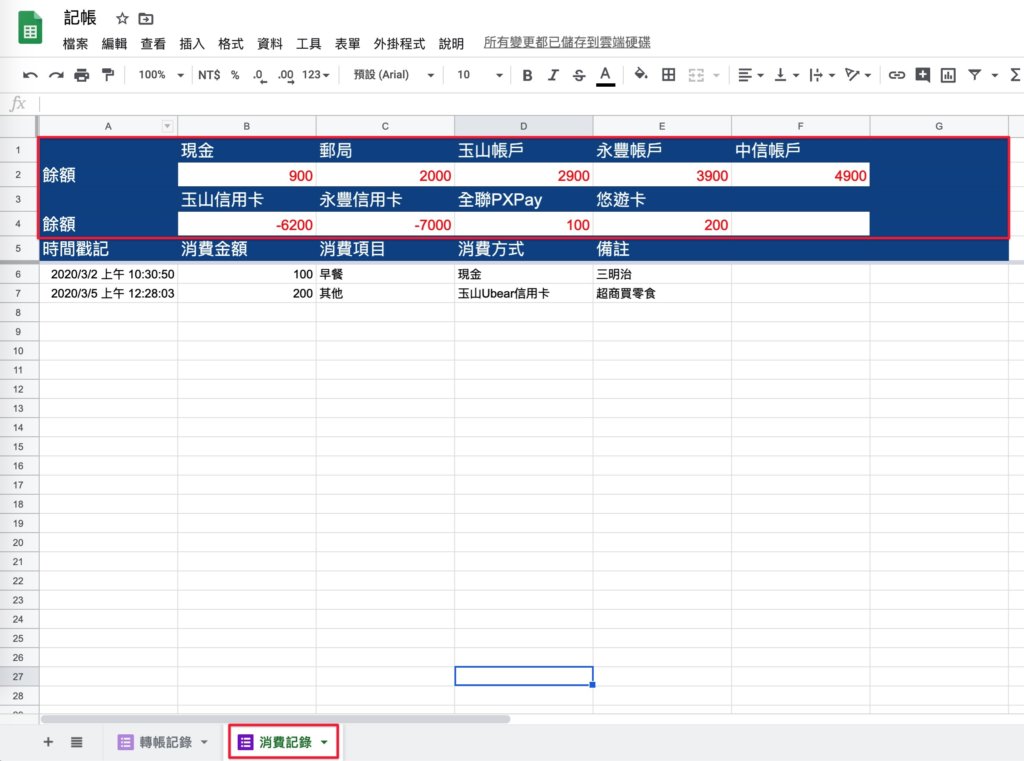 Google表單記帳術-建立轉帳記錄餘額區塊-到「消費記錄」分頁複製上方餘額區塊