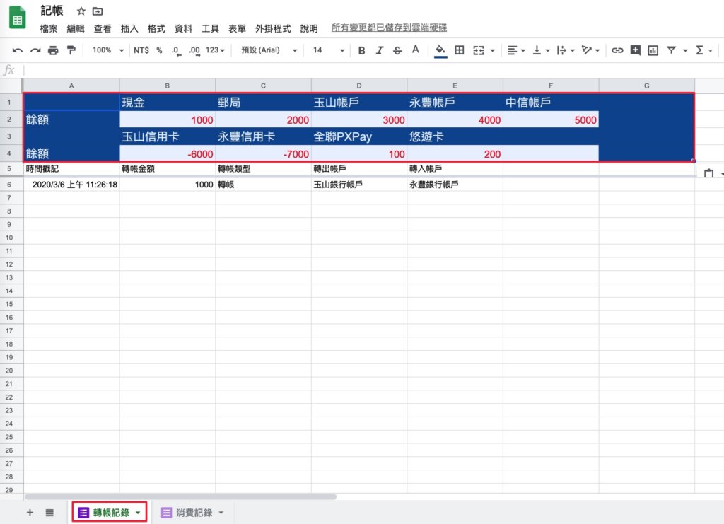Google表單記帳術-建立轉帳記錄餘額區塊- 到「轉帳記錄」分頁貼上