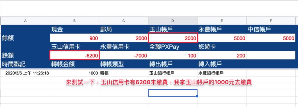 Google表單記帳術-測試記錄轉帳-測試公式是否正常