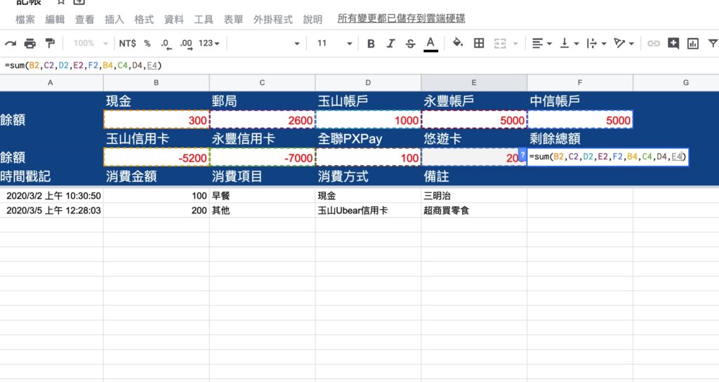 Google表單記帳術-新增總餘額計算-輸入加總公式