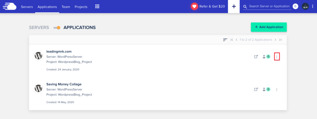 點擊要建立 Staging Site 的 Application 右邊的 Menu