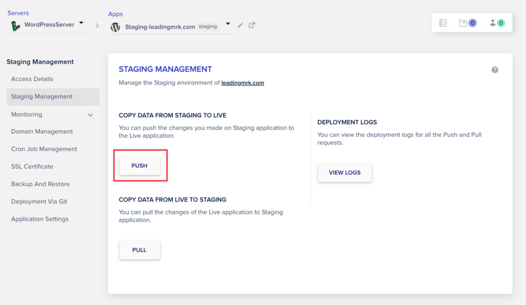 到 Cloudways 管理介面,點擊 Push,將資料從 Staging 同步到 Live Site