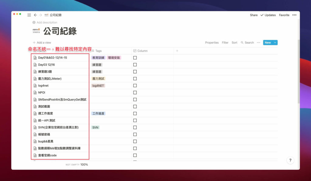 頁面、資料庫命名不統一,很難找特定內容