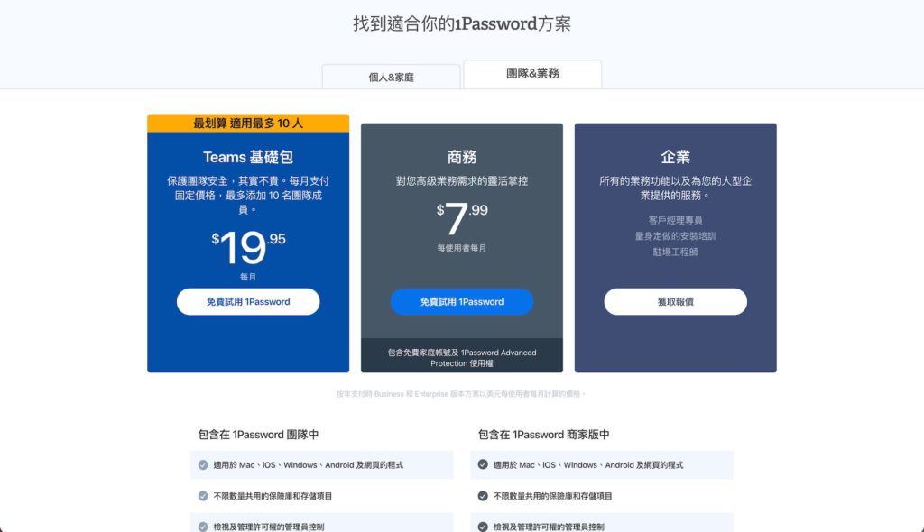 1Password 團隊＆商務方案比較
