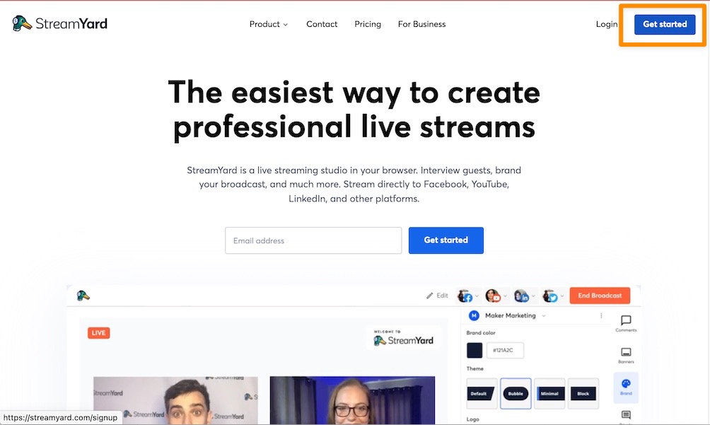 進入 StreamYard 官網,點選「 Get started 」