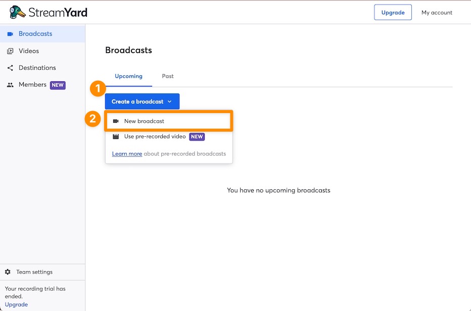 進入 StreamYard 介面,點選「開啟直播」,並選擇「新的直播」。
