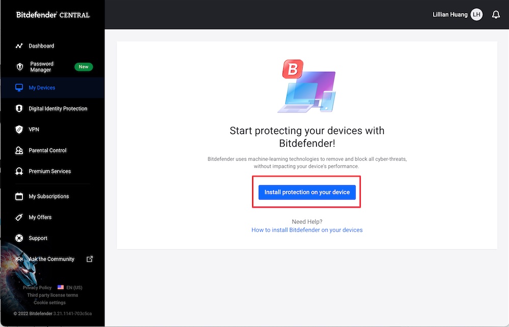 進入 Bitdefender 比特主控台,點擊左邊欄【My Device】,點擊【Install protection on your device】