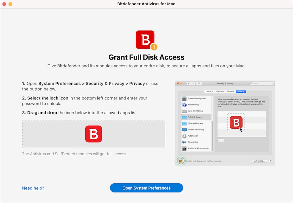 開啟 Bitdefender 應用程式,系統會提示需要將電腦的隱私權設定開啟,點擊下方【 Open System Preferences 】