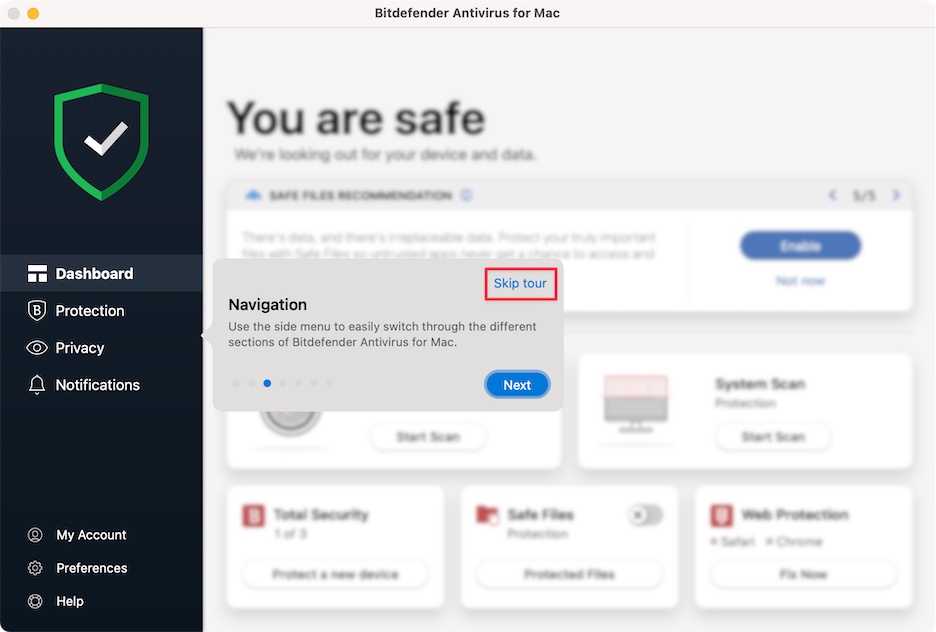 完成設定就可以開啟 Bitdefender 資安防護程式了!可以直接點擊【 Skip tour 】跳過預設簡介,繼續往下看使用教學。