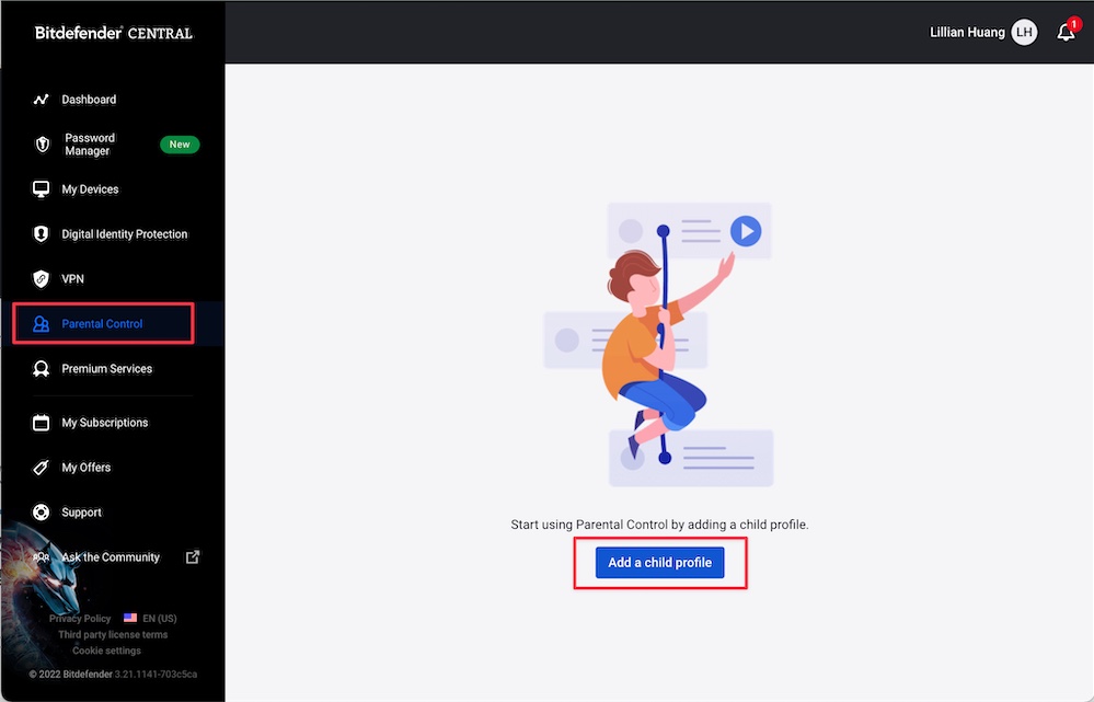 進入 Bitdefender 的主控台,點擊左邊欄【 Parent Control 】,點擊中間【 Add a child profile 】