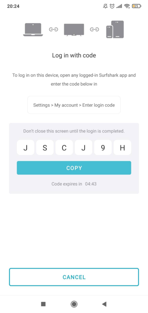 系統會出現一個 6 碼的密碼，請先到你已經登入的裝置中點選「Settings > My account > Enter login code」輸入這 6 碼的密碼後，系統就會成功自動登入你的帳號囉！