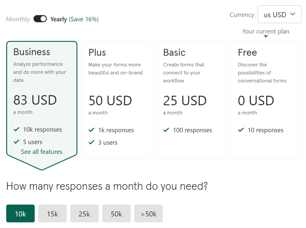 Typeform 價格方案