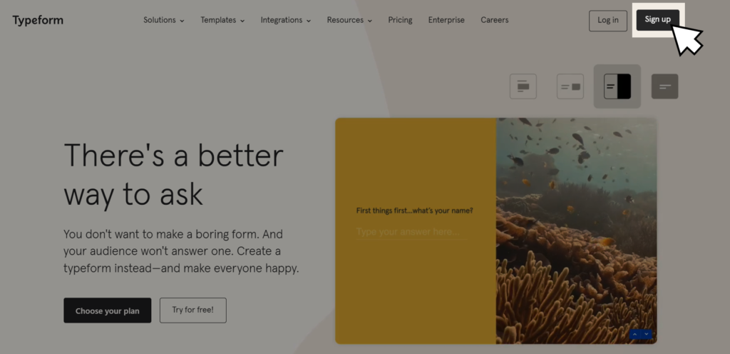進入 Typeform 官網後,點選右上角的「Sign up」