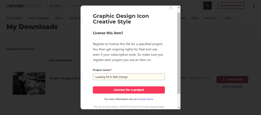 輸入新的專案名稱,點選 License for a project。