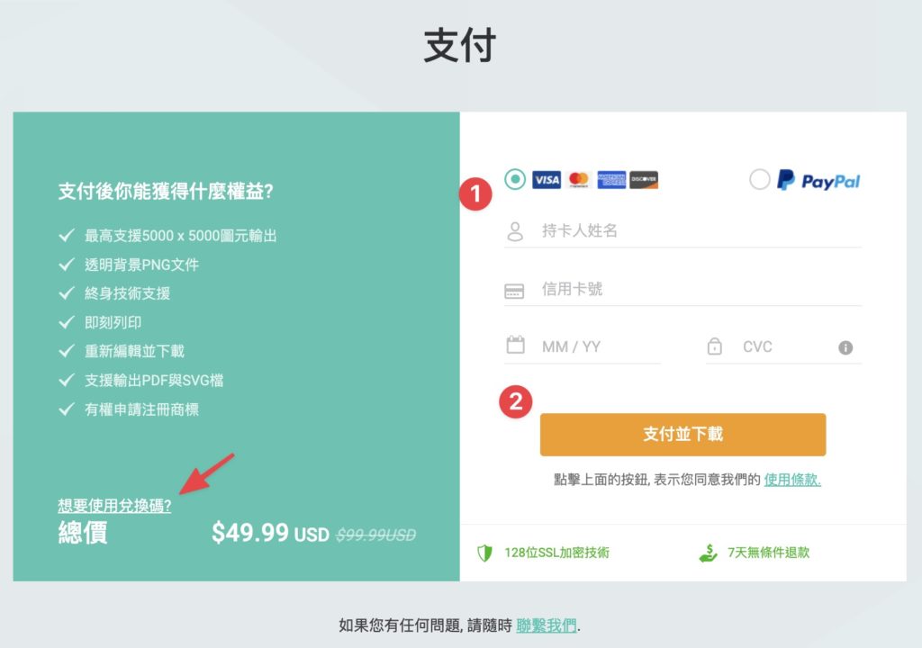 輸入支付資訊,點擊支付並下載