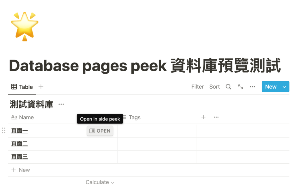 【Notion 基礎功能更新】資料庫頁面展開預覽設置:側邊預覽、中間預覽、整頁檢視,加速你的使用流程。 2