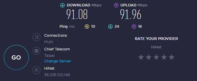 未使用 VPN 的連線速度