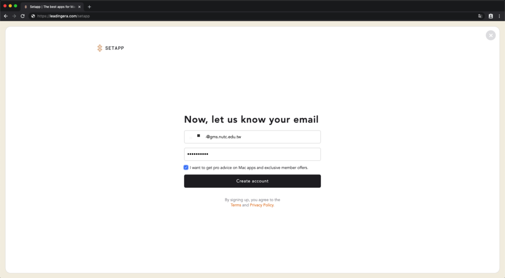 輸入Email及密碼建立帳戶