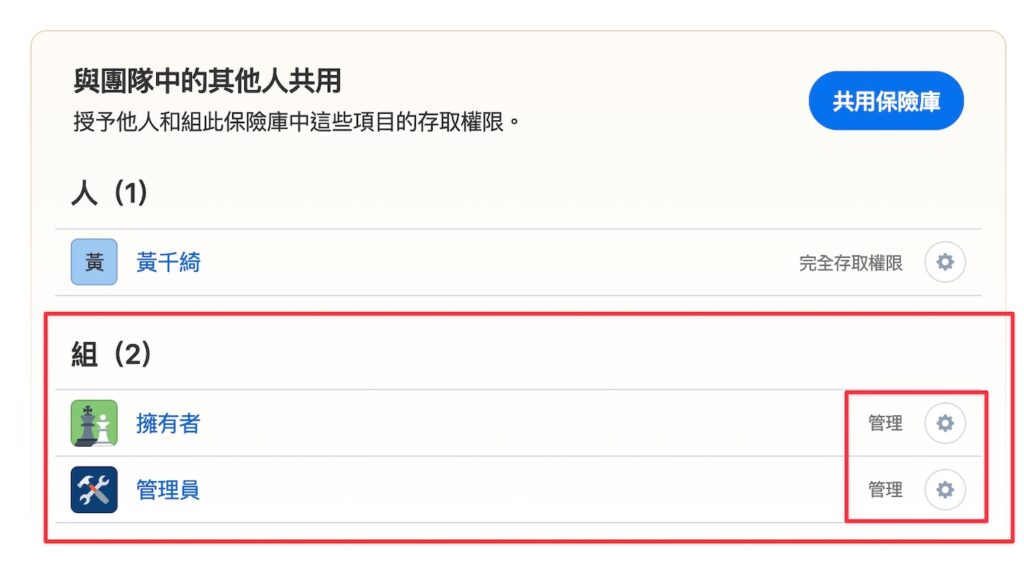 團隊方案可以一鍵將同一個分組的人員加入保險庫中