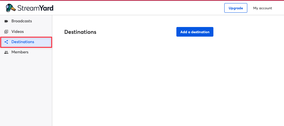 打開 StreamYard 首頁,選擇左邊的「 Destination 」