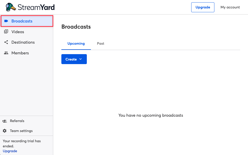 進入 StreamYard 介面,點選左上方「Broadcasts」