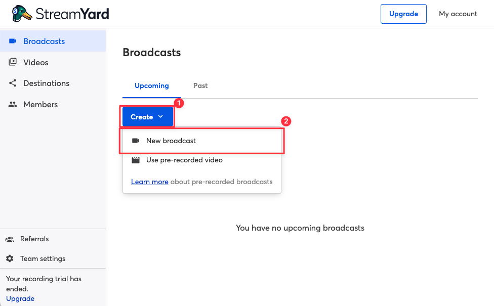 點選「Create」,並選擇「New Broadcast」