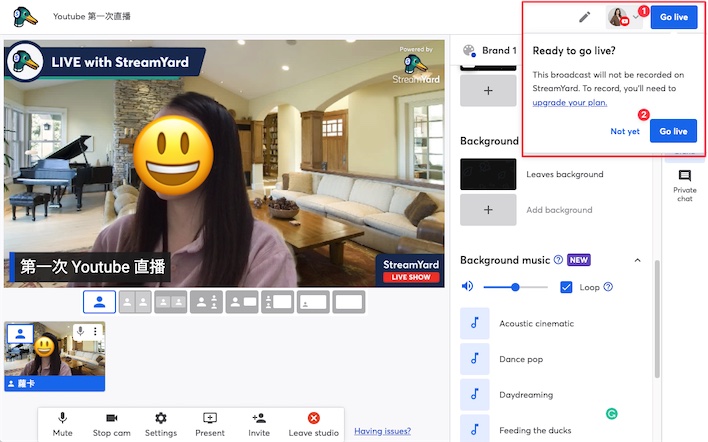 以上都設定完成後,別忘了點選右上方的「開始直播( Go Live )」,正式開始線上直播囉!