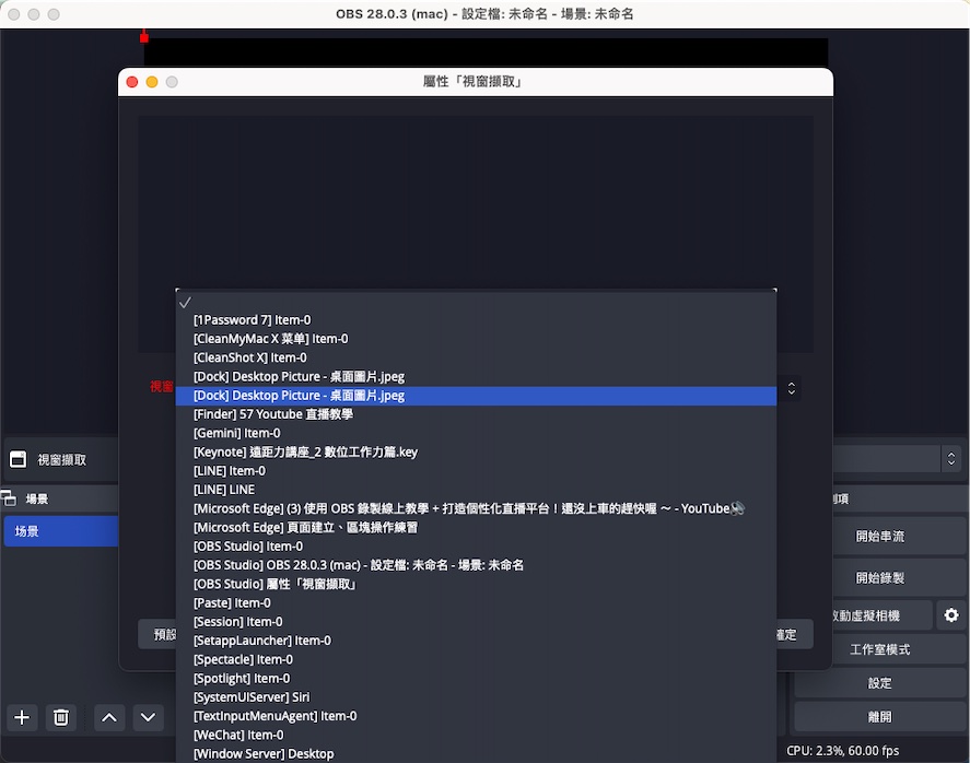 點開「視窗」清單,選擇想要直播分享的視窗