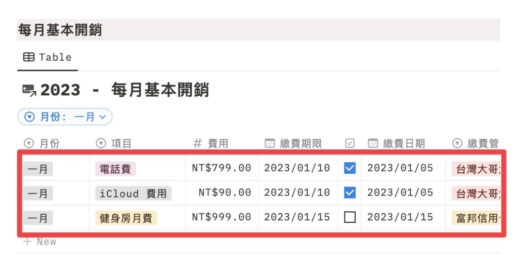 新增完畢後會像下面的圖片所示,繳費完畢要記得將勾選欄位打勾喔!