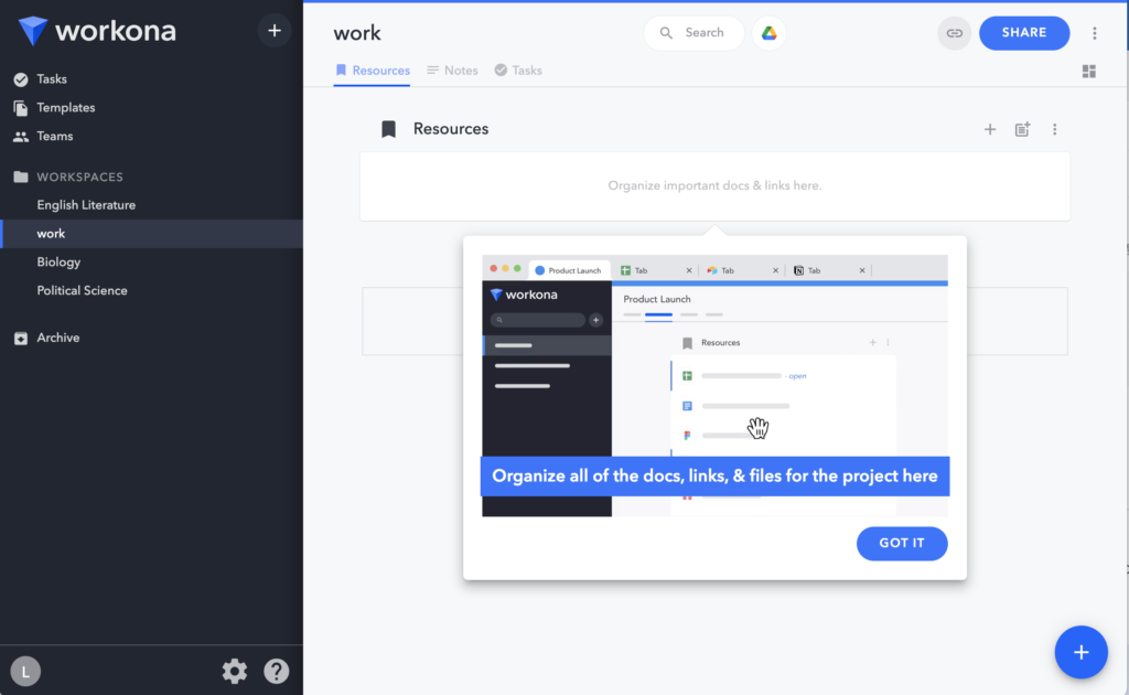 第一次登入 Workona 使用介面,系統會跳出滿詳盡的指引,讓新手也可以快速學會