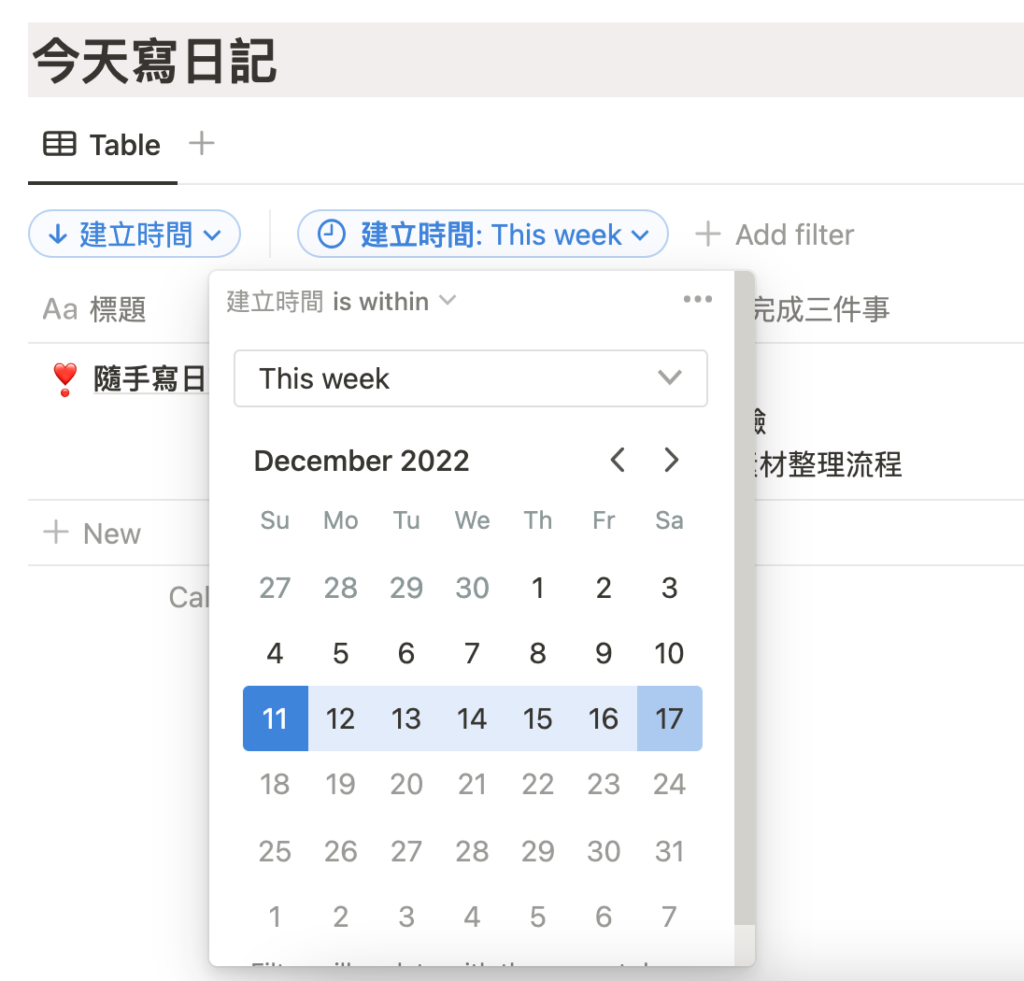 資料庫就會只顯示「當週」的日記啦!