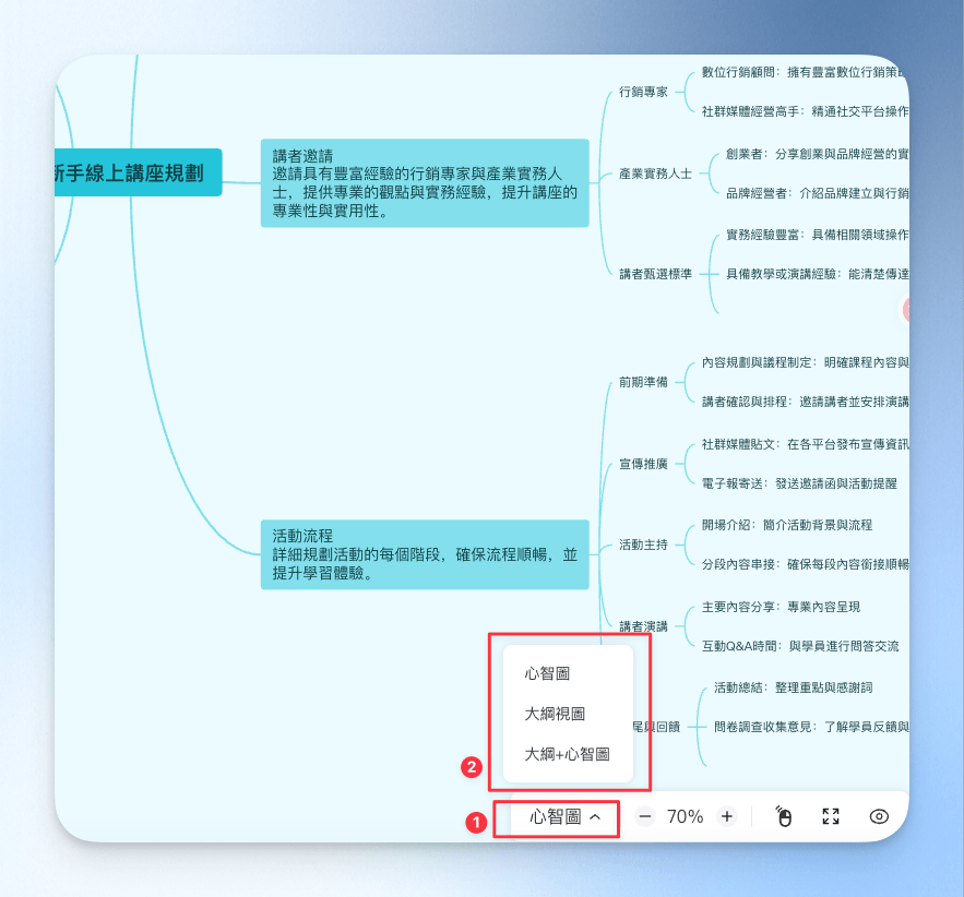 按需求選擇顯示大綱或心智圖