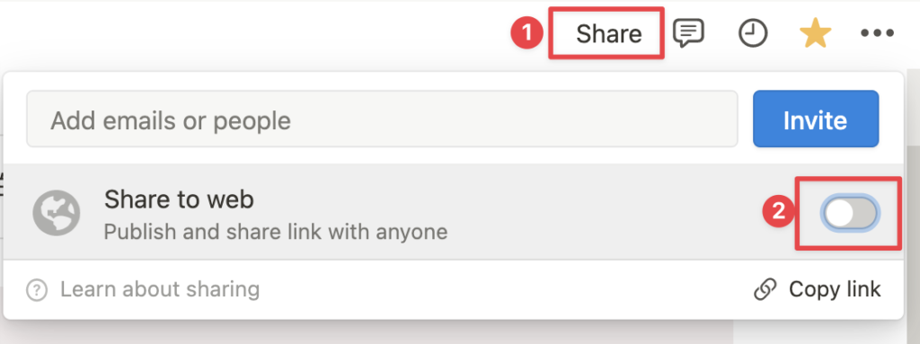 點擊 Notion 頁面右上角的 Share,打開 Share to web