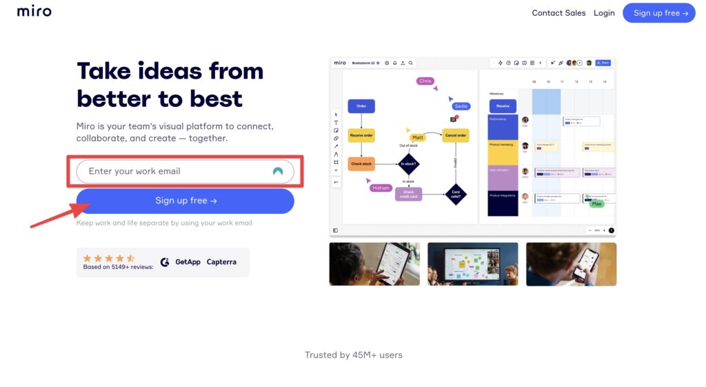 進入 Miro 官網,輸入 Email 點擊「Sign up free」