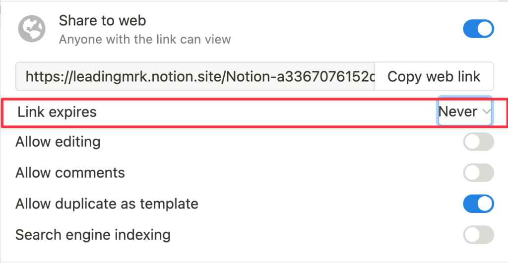 Link Expires:公開連結截止日期設定